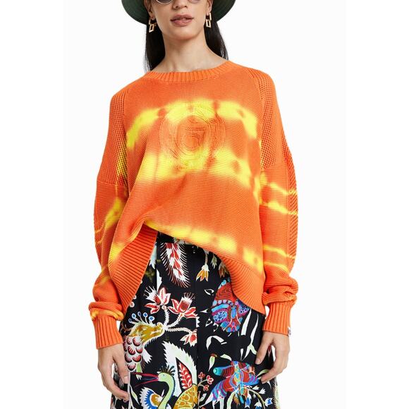Desigual faded Ethnic Knit Orange Embroidered Oversized Slouchy Jumper M - Picture 1 of 9